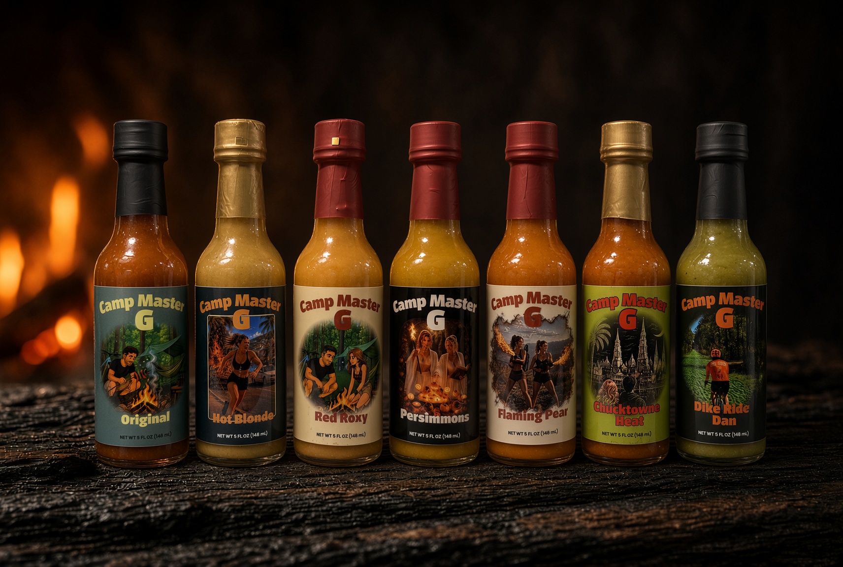 Camp Master G bottles by firelight